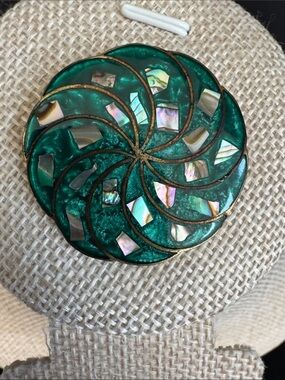 VTG Mexican Alpaca Silver Round Green Brooch Pin